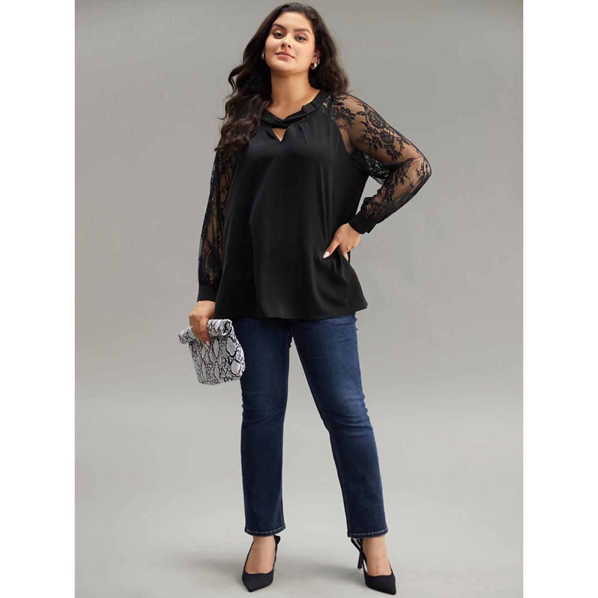 Plus Size Black Anti-Wrinkle Crochet Lace Mesh Keyhole Blouse Women Office Long Sleeve Keyhole Cut-Out Work Blouses BloomChic 28/5X Product Image