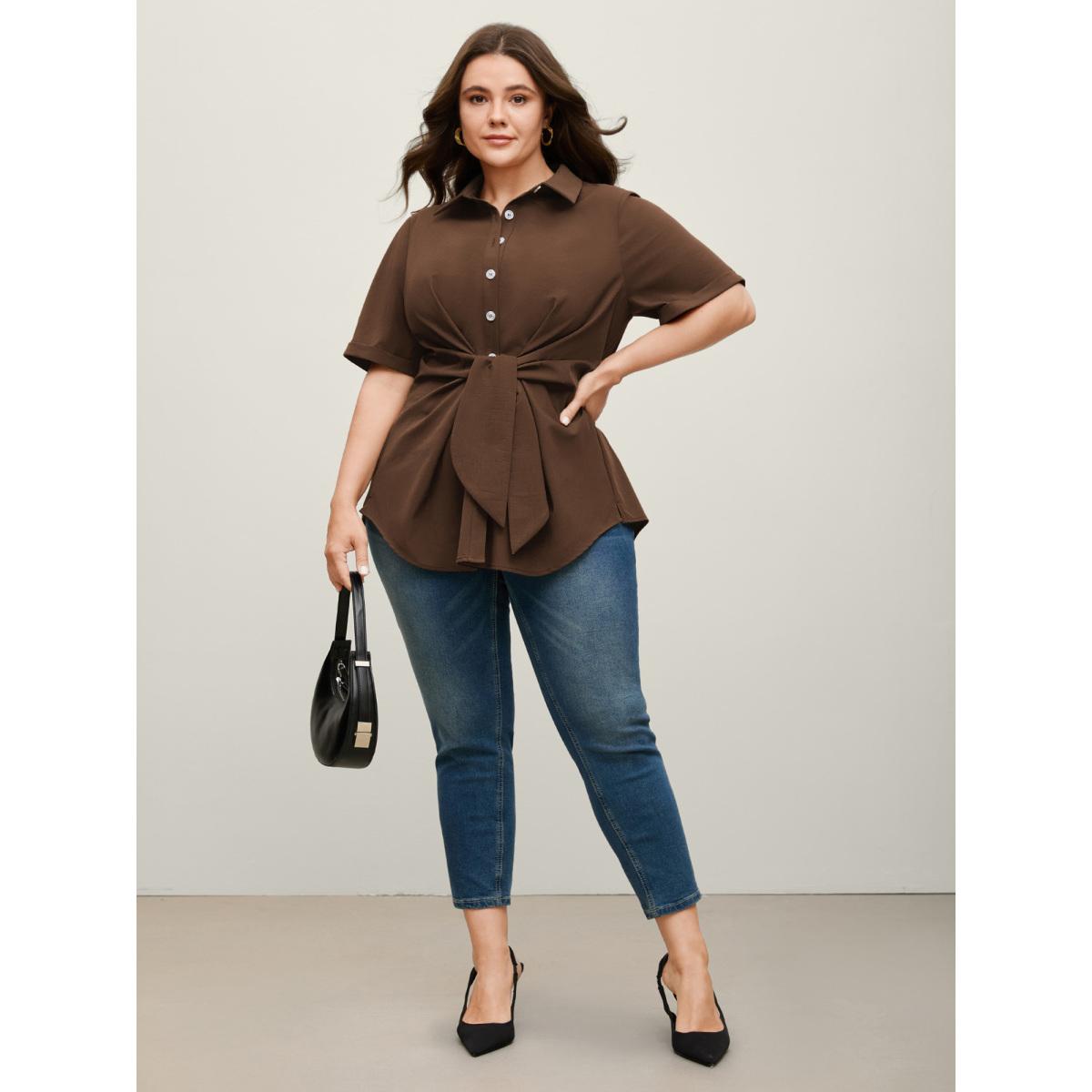 Plus Size DarkBrown Knotted Front Asymmetrical Hem Blouse Women Office Short sleeve Shirt collar Office Blouses BloomChic 28/5X Product Image