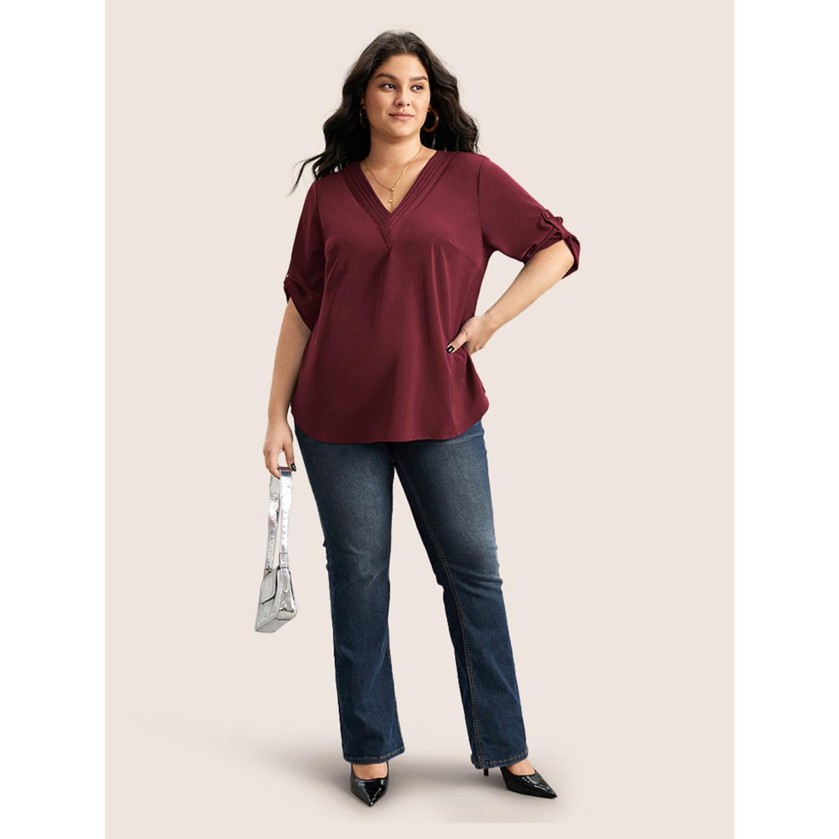 Plus Size Burgundy V Neck Plain Pleated Tab Sleeve Blouse Women At the Office Elbow-length sleeve V-neck Work Blouses BloomChic 12/L Product Image