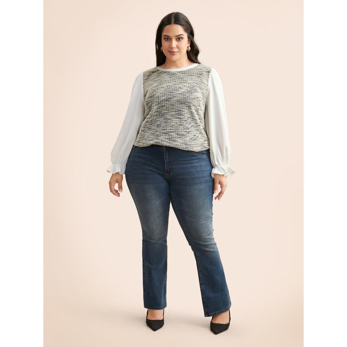 Plus Size Originalwhite Tweed Patchwork Gathered Lantern Sleeve Blouse Women Elegant Long Sleeve Round Neck Everyday Blouses BloomChic 14-16/1X Product Image