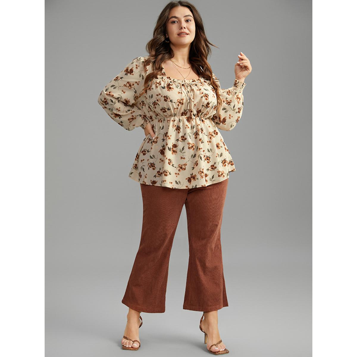 Plus Size Tan Ditsy Floral Shirred Ties Square Neck Blouse Women Elegant Long Sleeve Square Neck Dailywear Blouses BloomChic 18-20/2X Product Image