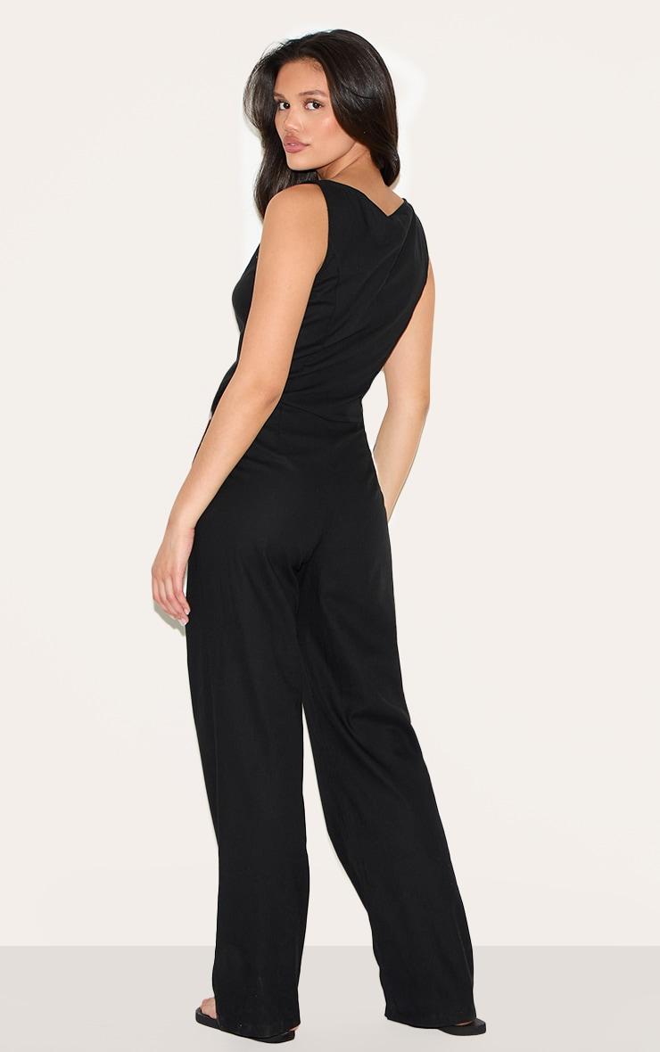  Black Linen Blend Vest Detail Straight Leg Jumpsuit Product Image