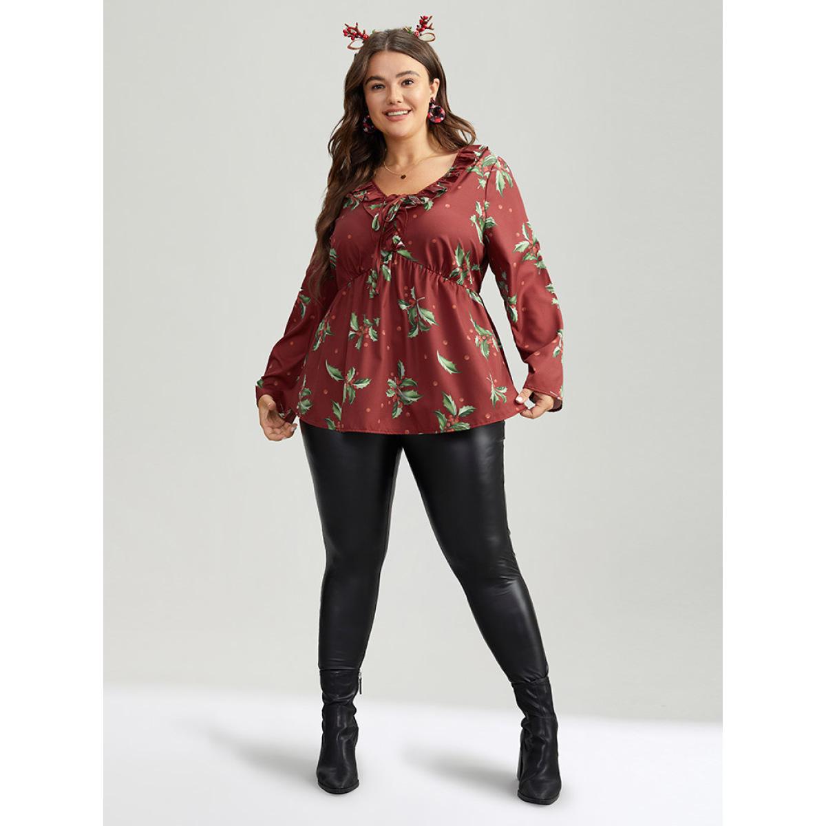 Plus Size Scarlet Plants Print Knot Neck Flutter Trim Blouse Women Elegant Long Sleeve V-neck Festival-Christmas Blouses BloomChic 22-24/3X Product Image