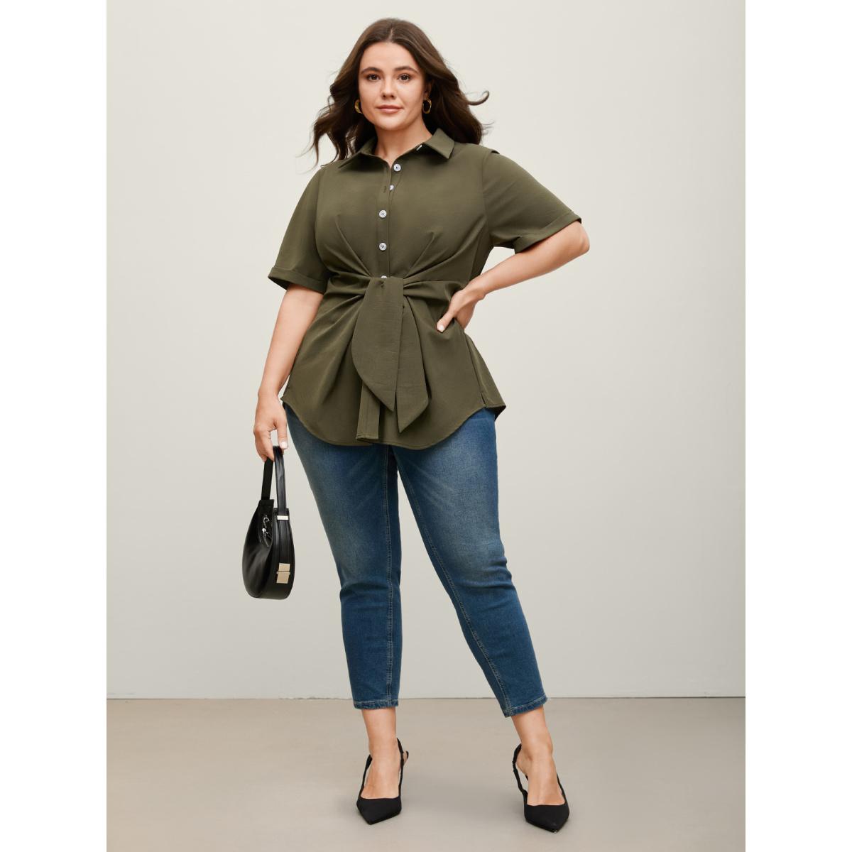 Plus Size ArmyGreen Knotted Front Asymmetrical Hem Blouse Women Office Short sleeve Shirt collar Office Blouses BloomChic 22-24/3X Product Image