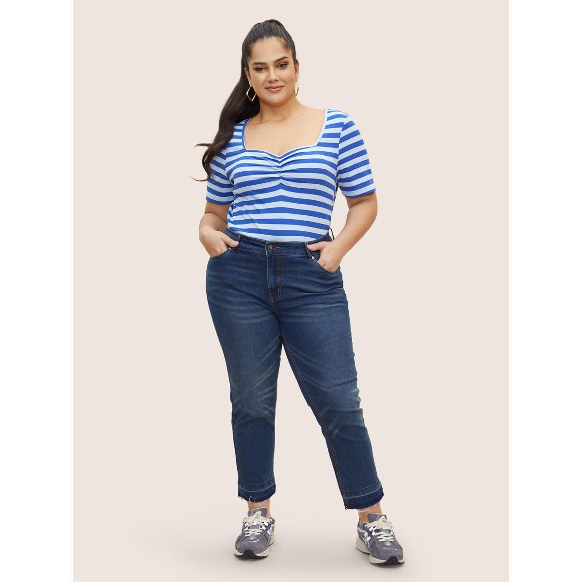 Plus Size Heart Neckline Striped Pit Strip Ruched T-shirt Brightblue Women Casual Gathered Heart neckline Everyday T-shirts BloomChic 28/5X Product Image