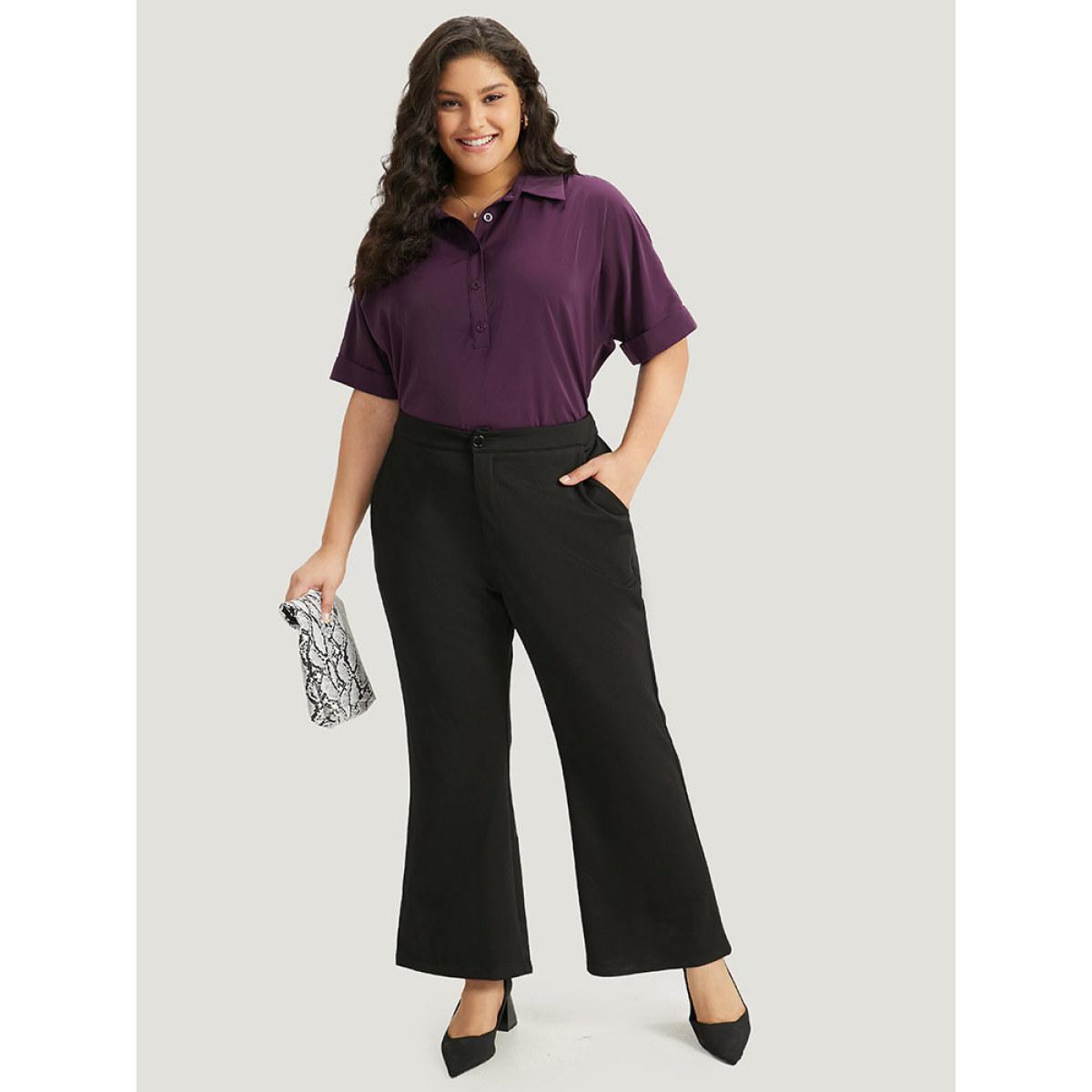 Plus Size Purple Anti-Wrinkle Shirt Collar Button Up Roll Sleeve Blouse Women Office Short sleeve Shirt collar Work Blouses BloomChic 14-16/1X Product Image