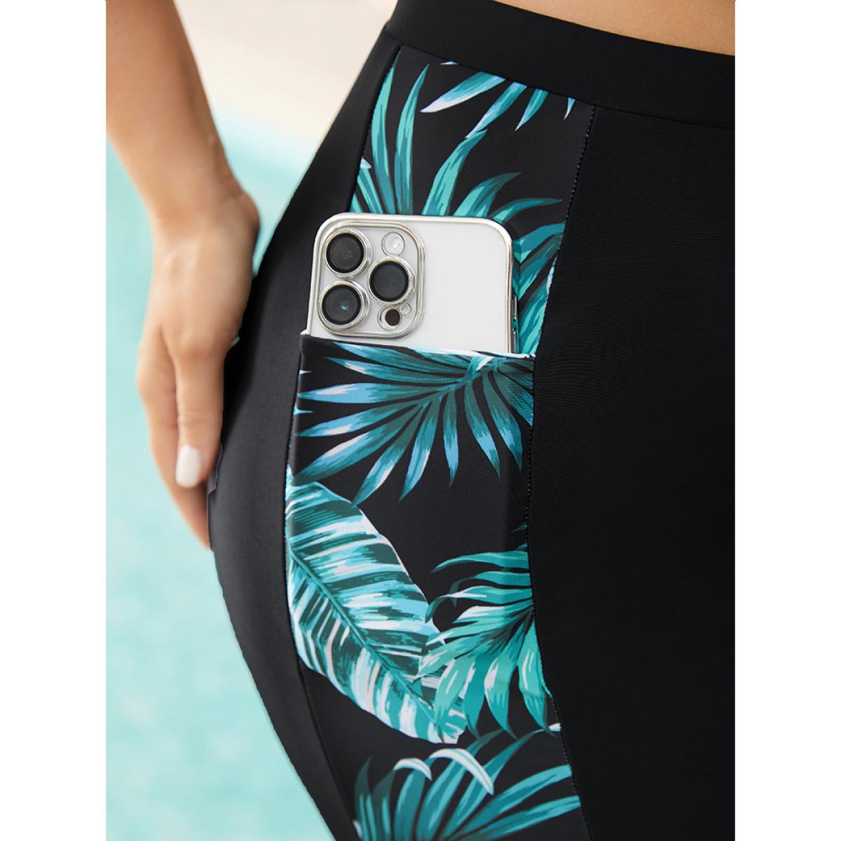 Plus Size Plant Patchwork Pocket Side Swim Shorts Women's Swimwear Black Vacation Patchwork High stretch Skinny High Rise Pocket Curve Swim Bottoms BloomChic 18-20/2X Product Image