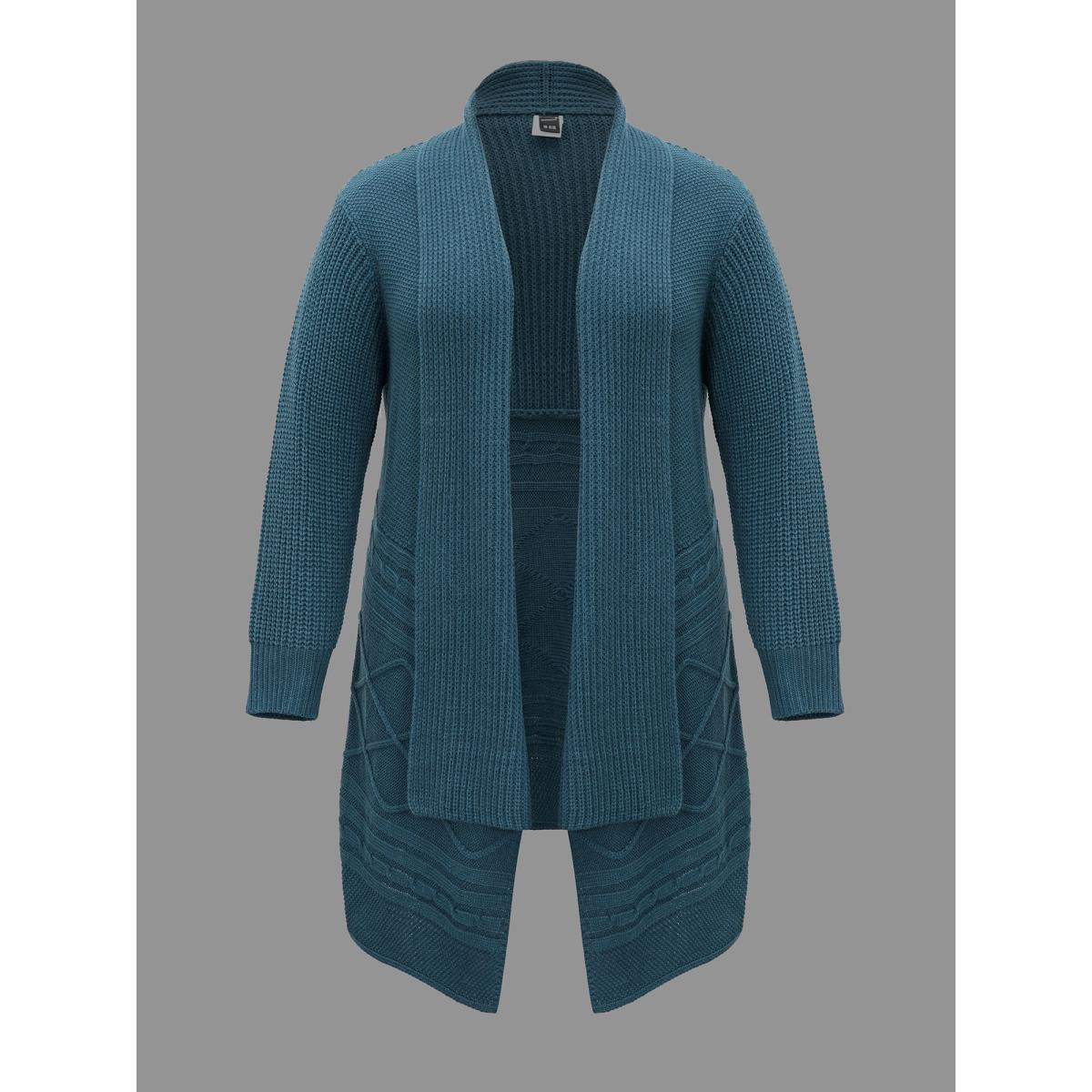Plus Size Cable Knit Asymmetrical Hem Open-Front Cardigan Cyan Women Casual Loose Long Sleeve Everyday Cardigans BloomChic 28/5X Product Image