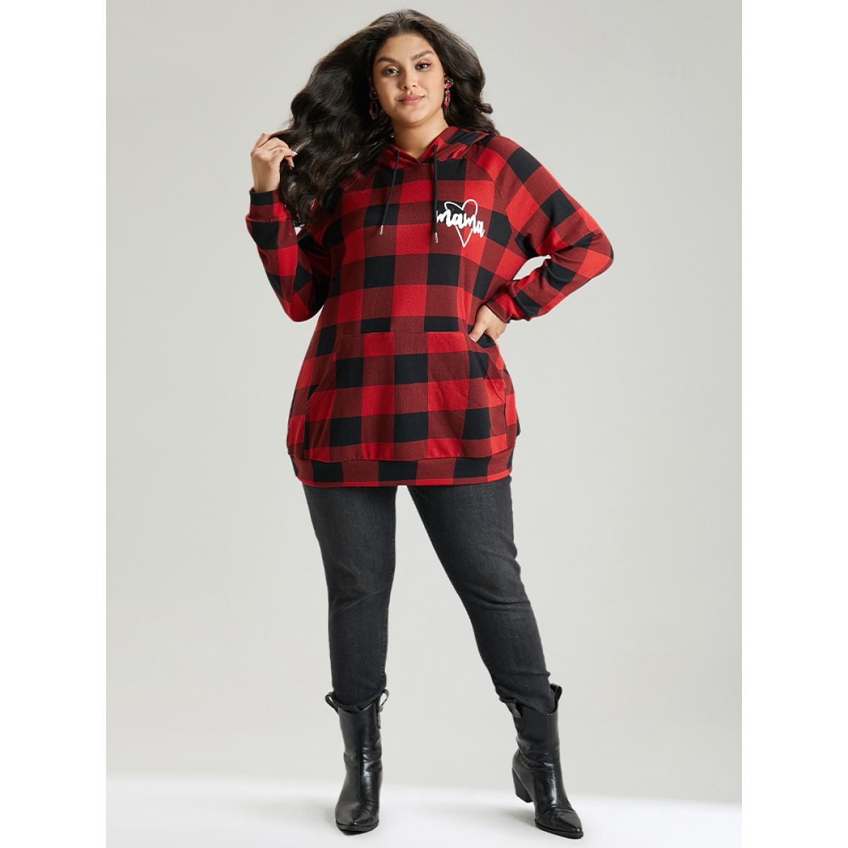 Plus Size Letter Plaid Hooded Drawstring Pocket Sweatshirt Women Red Casual Elastic cuffs Hooded Festival-Christmas Sweatshirts BloomChic 12/L Product Image