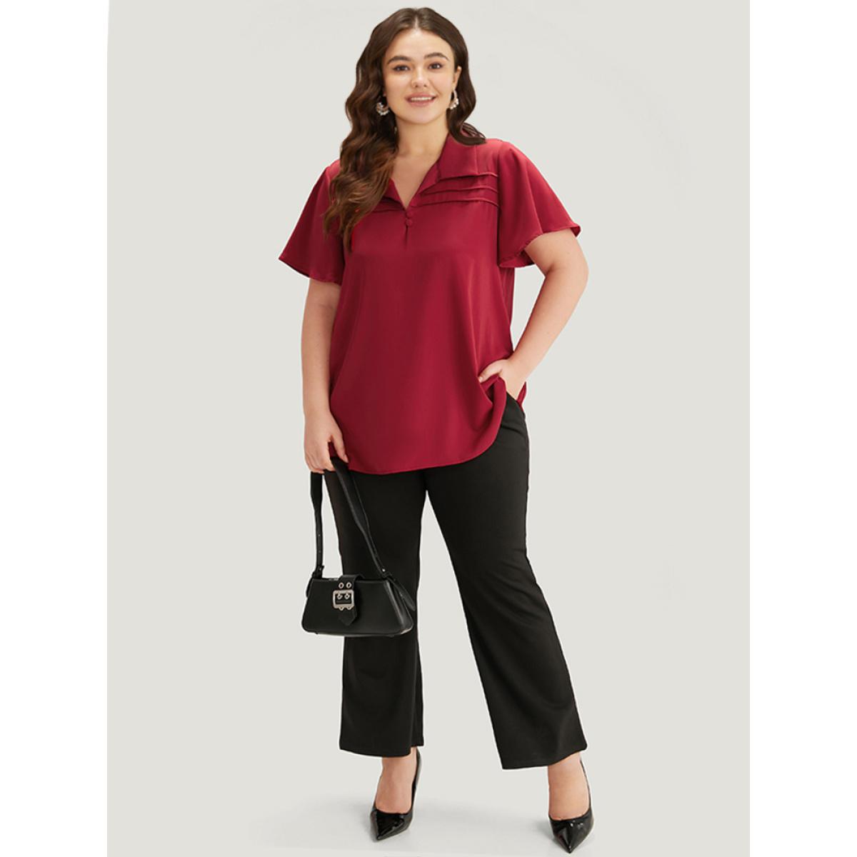 Plus Size Scarlet Plain Shirt Collar Button Detail Pleated Blouse Women Office Short sleeve Shirt collar Office Blouses BloomChic 14-16/1X Product Image