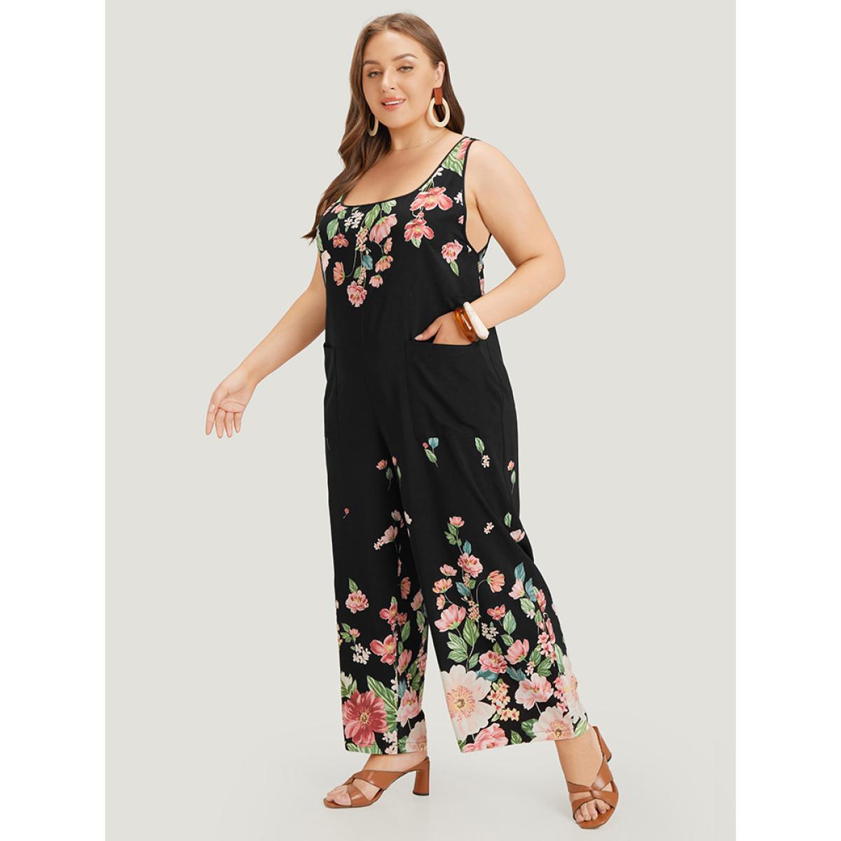 Plus Size Black Floral Square Neck Zip Back Pocket Jumpsuit Women Elegant Sleeveless Square Neck Dailywear Loose Jumpsuits BloomChic 28/5X Product Image
