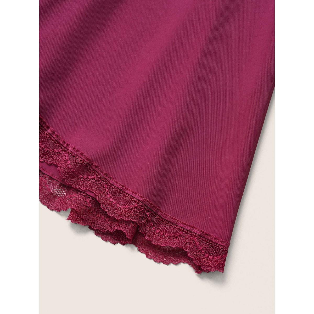 Plus Size Lace Panel Gathered Adjustable Straps Swim Top Women's Swimwear Burgundy Beach Non High stretch Bodycon V-neck Curve Swim Tops BloomChic 18-20/2X Product Image