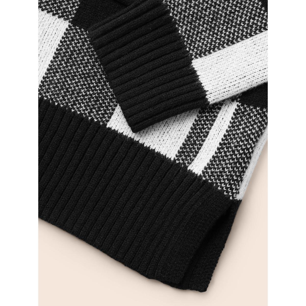 Plus Size Kimono Collar Plaid Slit Hem Cardigan Black Women Leisure Loose Long Sleeve Casual Cardigans BloomChic 10/M Product Image