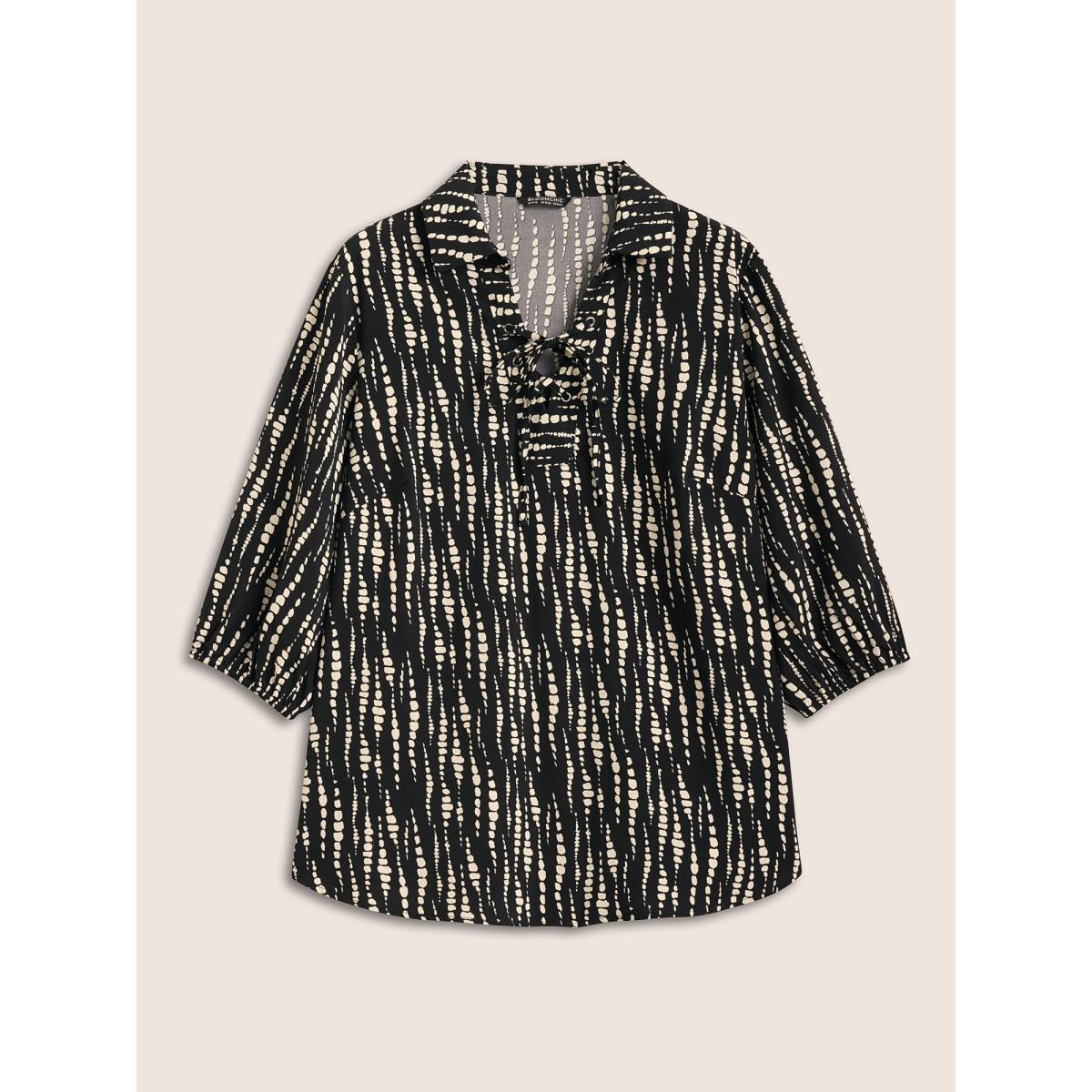 Plus Size Black Striped Lace Up Gathered Lantern Sleeve Blouse Women At the Office Elbow-length sleeve Shirt collar Work Blouses BloomChic 26/4X Product Image