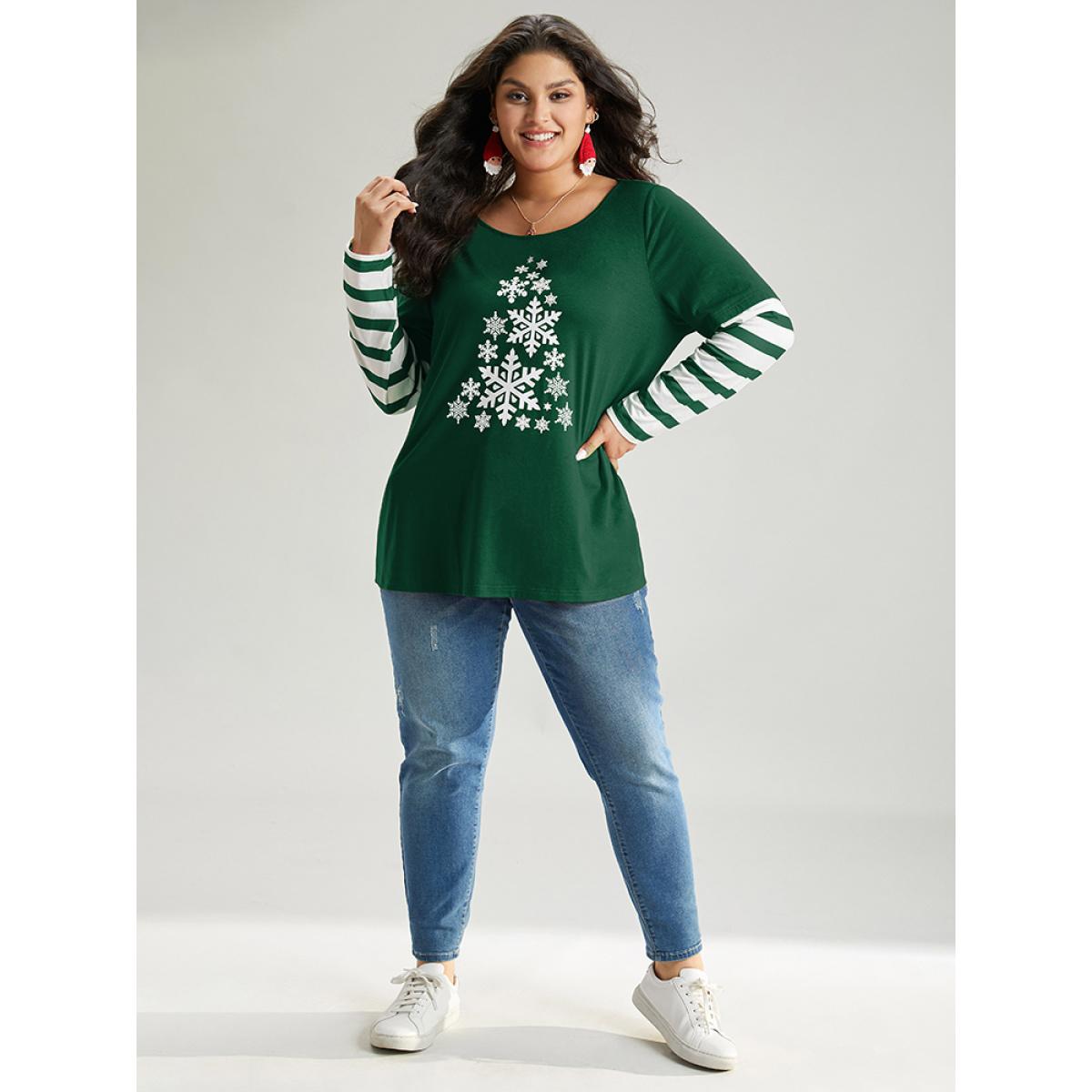 Plus Size Snowflake Striped Patchwork T-shirt Green Women Casual Contrast Christmas Round Neck Festival-Christmas T-shirts BloomChic 14-16/1X Product Image