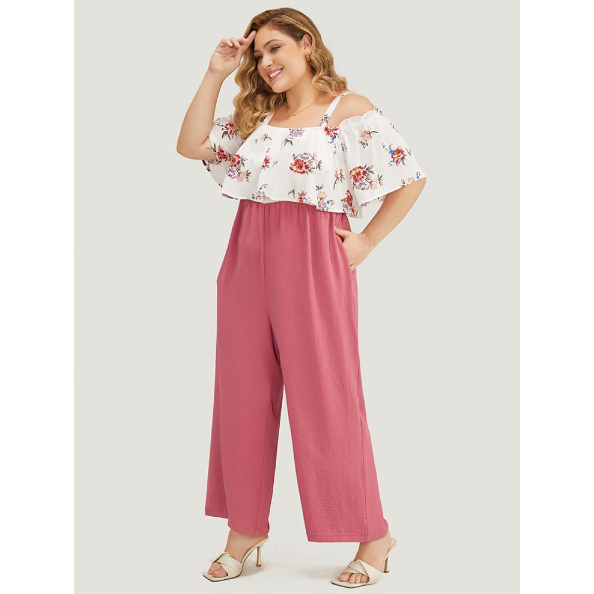 Plus Size DustyPink Floral Patchwork Pocket Ruffle Trim Cold Shoulder Jumpsuit Women Elegant Short sleeve Cold Shoulder Dailywear Loose Jumpsuits BloomChic 30/6X Product Image