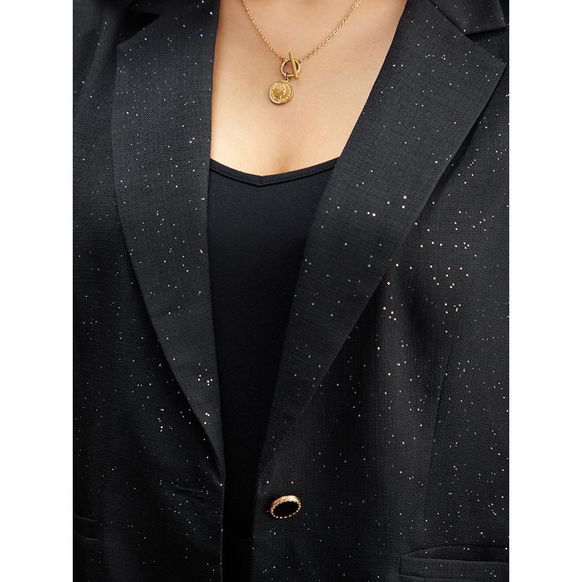 Plus Size Glitter Suit Collar Button Detail Blazer Black Women Work Plain Plain Sleeve Long Sleeve Suit Collar 22-24/3X Pocket At the Office Blazers BloomChic Product Image