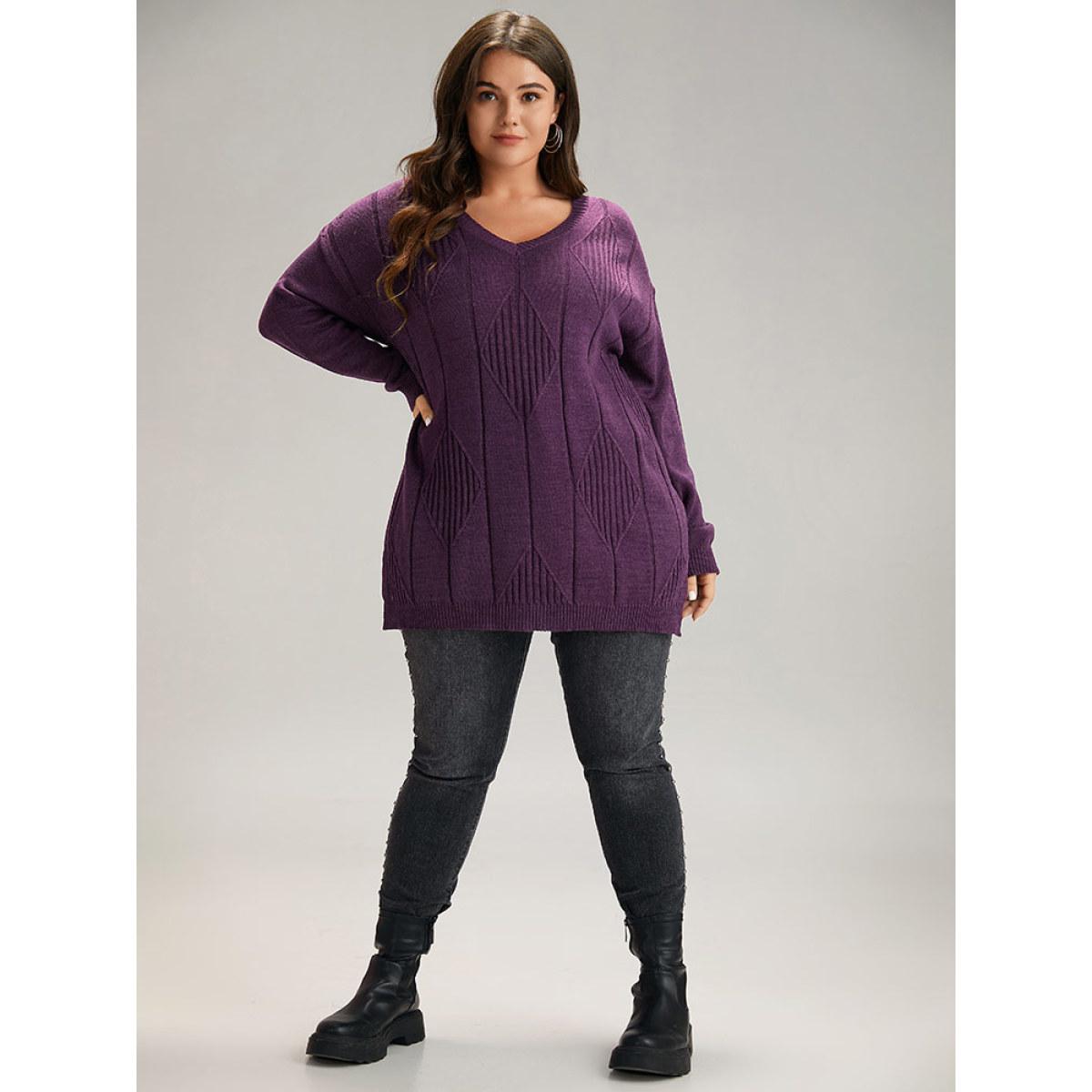 Plus Size Geometric V Neck Split Hem Pullover Purple Women Casual Long Sleeve V-neck Dailywear Pullovers BloomChic 12/L Product Image