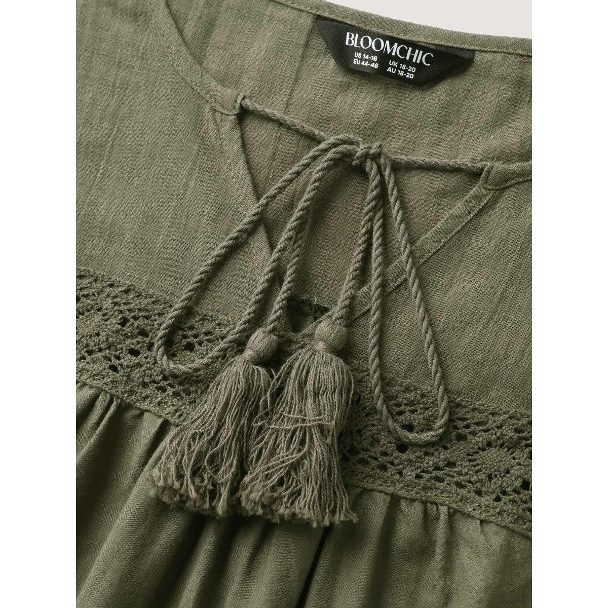 Plus Size Cotton Eyelet Embroidered Flowy Tank Top Women ArmyGreen Boho Woven ribbon&lace trim Notched collar Vacation Tank Tops Camis BloomChic 30/6X Product Image
