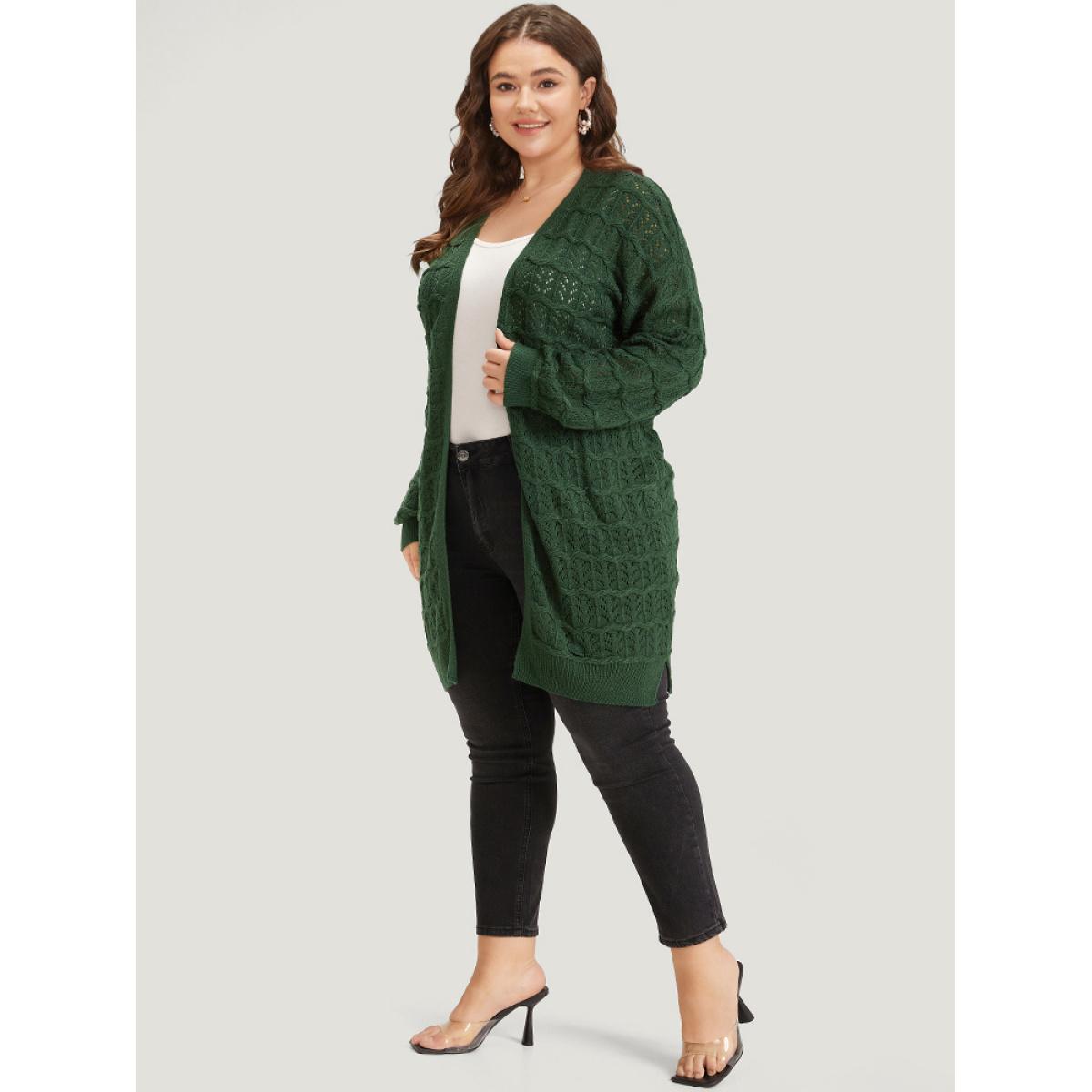 Plus Size Plain Geometric Eyelet Cable Knit Tunic Cardigan DarkGreen Women Casual Loose Long Sleeve Everyday Cardigans BloomChic 12/L Product Image