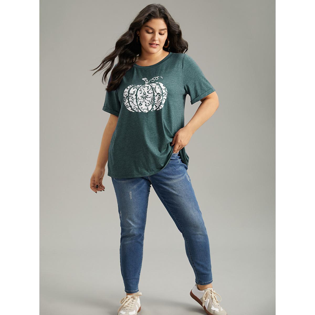 Plus Size Pumpkin Print Round Neck T-shirt Green Women Casual Printed Art&design Dailywear T-shirts BloomChic 14-16/1X Product Image