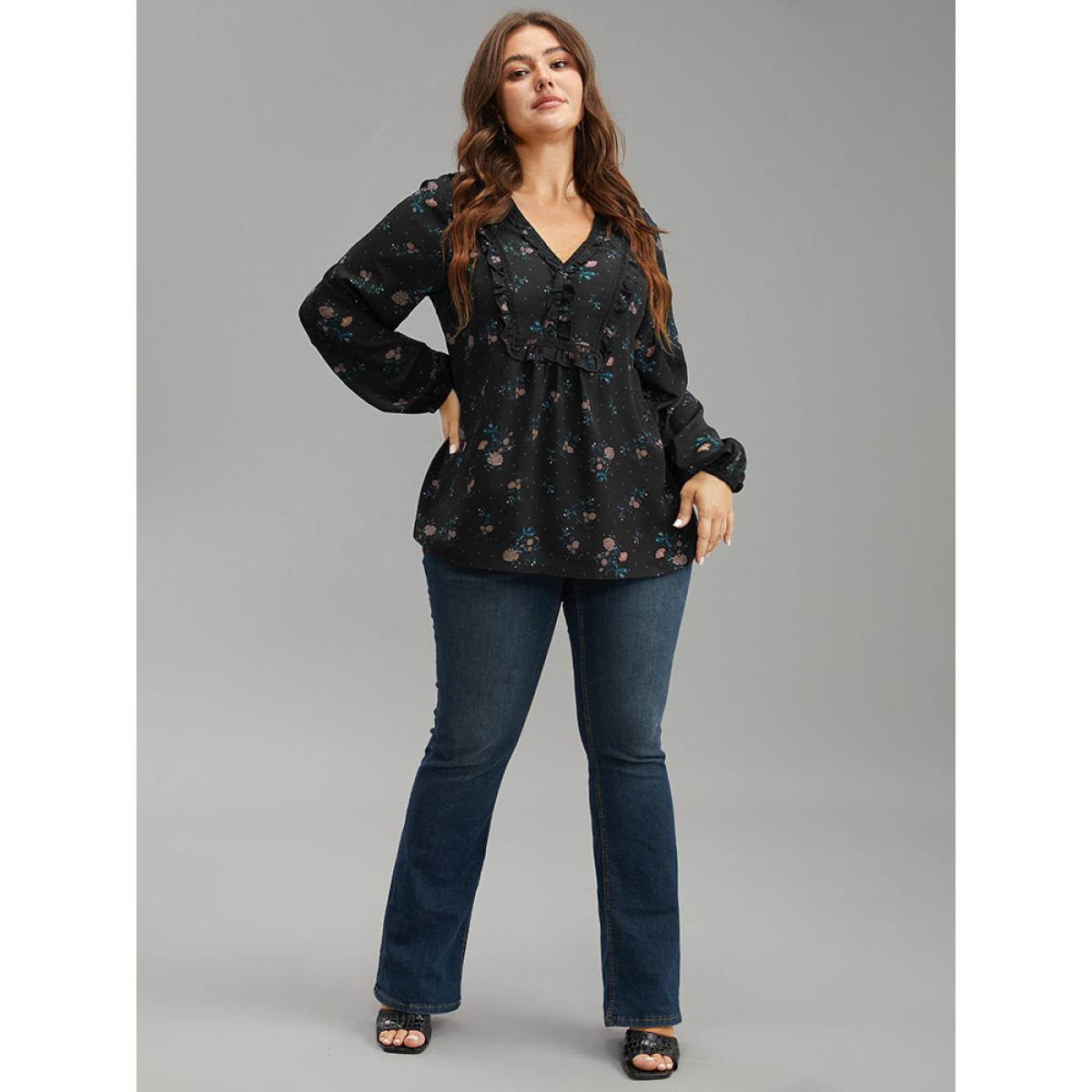 Plus Size Yellow Ditsy Floral Lantern Sleeve Frill Trim Blouse Women Elegant Long Sleeve V-neck Dailywear Blouses BloomChic 14-16/1X Product Image