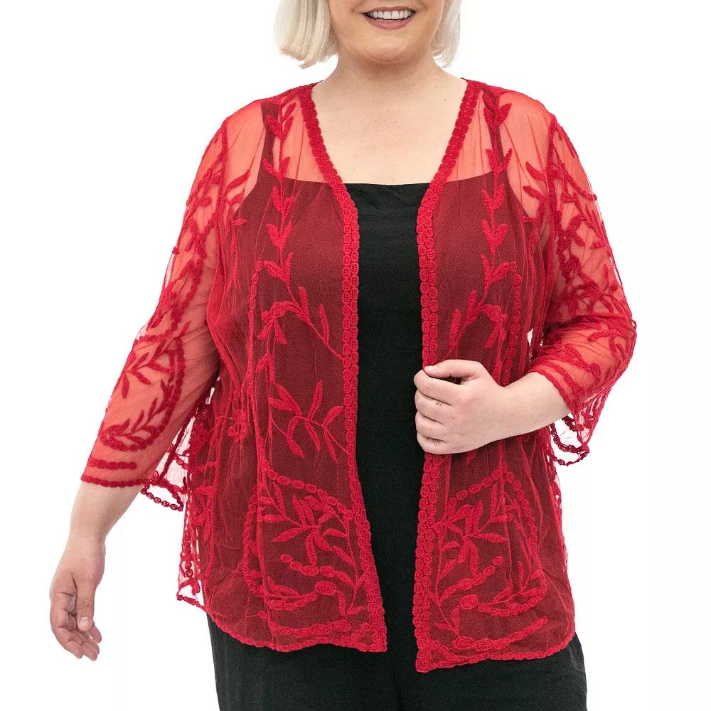 Plus Size Nina Leonard Embroidered Mesh Floral Bolero, Women's, Size: 1XL, Nina Red Product Image