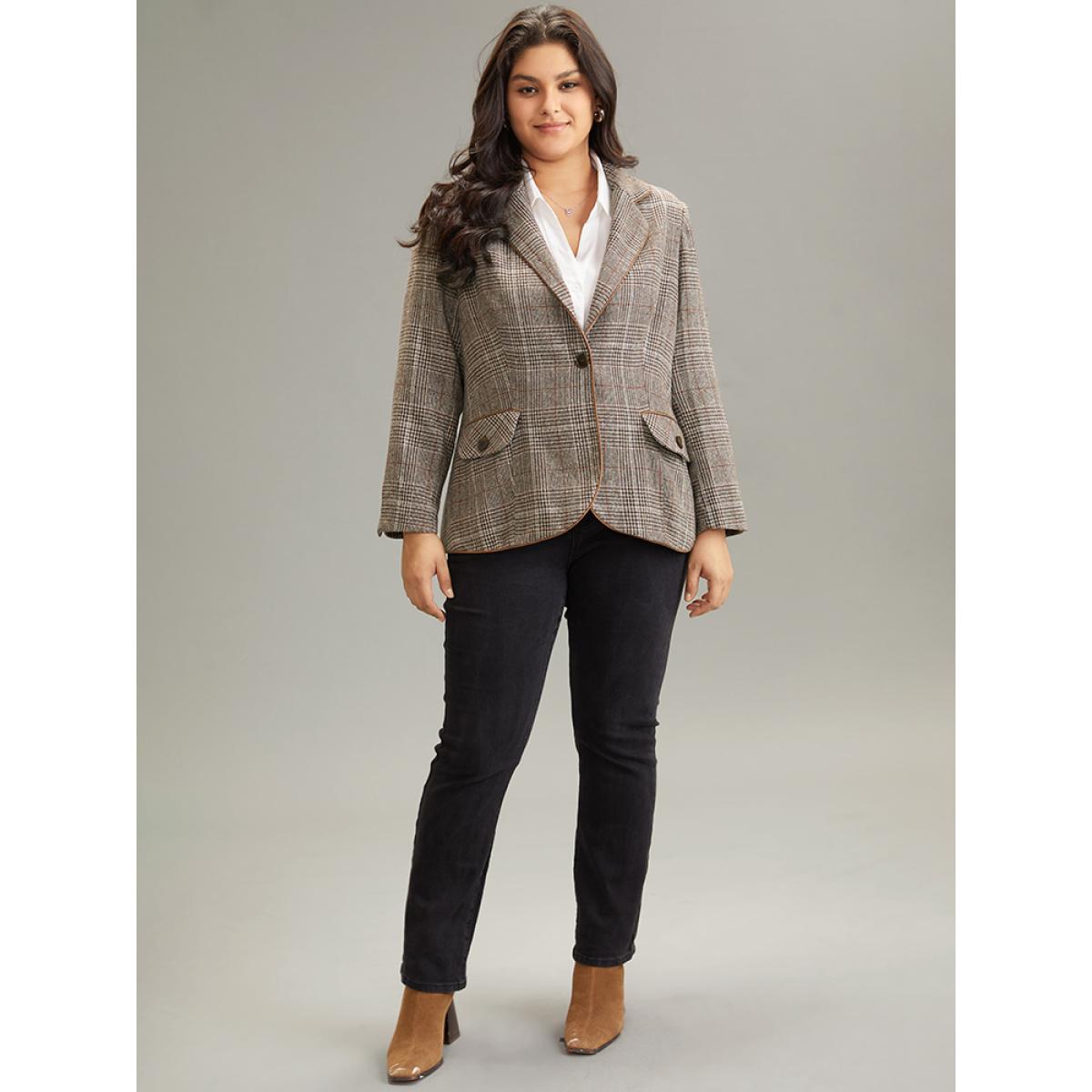 Plus Size Plaid Suit Collar Flap Pocket Blazer DarkBrown Women Work Plaid Lined Sleeve Long Sleeve Suit Collar 10/M Pocket At the Office Blazers BloomChic Product Image