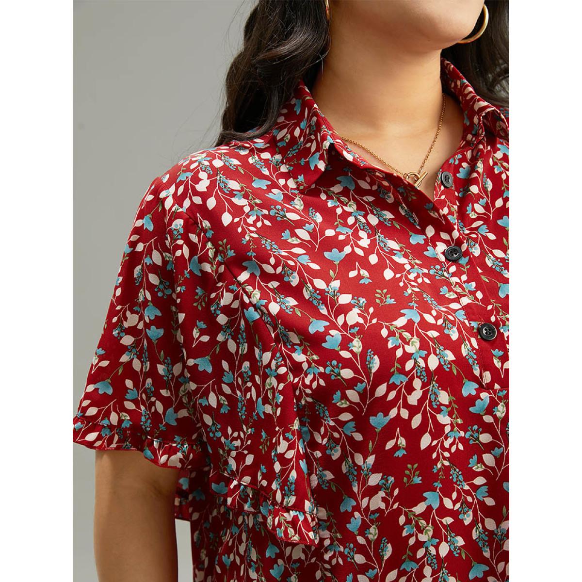 Plus Size Maroon Ditsy Floral Shirt Collar Button Through Ruffle Sleeve Blouse Women Elegant Short sleeve Shirt collar Dailywear Blouses BloomChic 22-24/3X Product Image