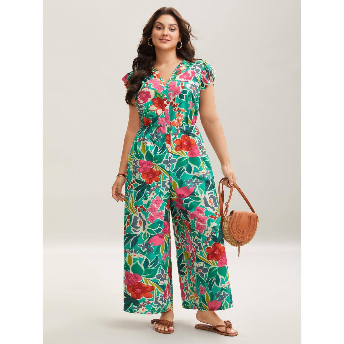 Plus Size Malachitegreen Sunkissed Floral Print Button Wide-Leg Jumpsuit Women Resort Cap Sleeve Notched collar Vacation Loose Jumpsuits BloomChic 12/L Product Image