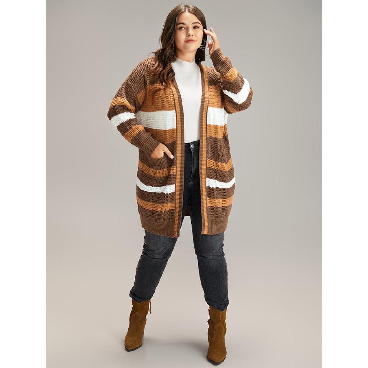 Plus Size Contrast Open Front Patched Pocket Tunic Cardigan Multicolor Women Casual Loose Long Sleeve Dailywear Cardigans BloomChic 26/4X Product Image