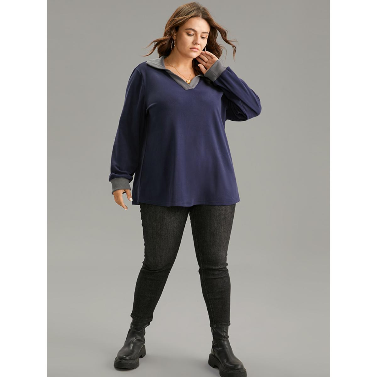 Plus Size Two Tone Contrast Lapel Collar Sweatshirt Women Navy Casual Contrast Lapel Collar Dailywear Sweatshirts BloomChic 14-16/1X Product Image