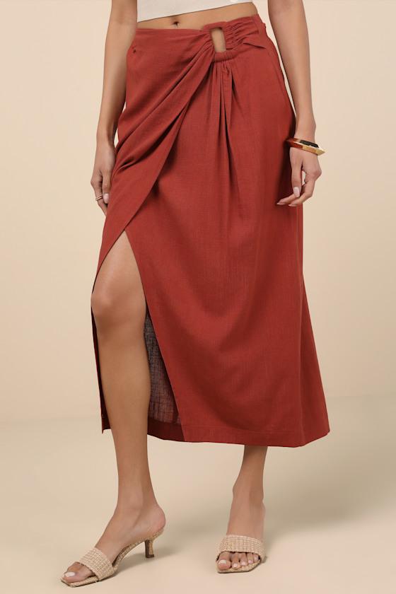 Sibilla Rust Cutout Faux-Wrap Midi Skirt Product Image