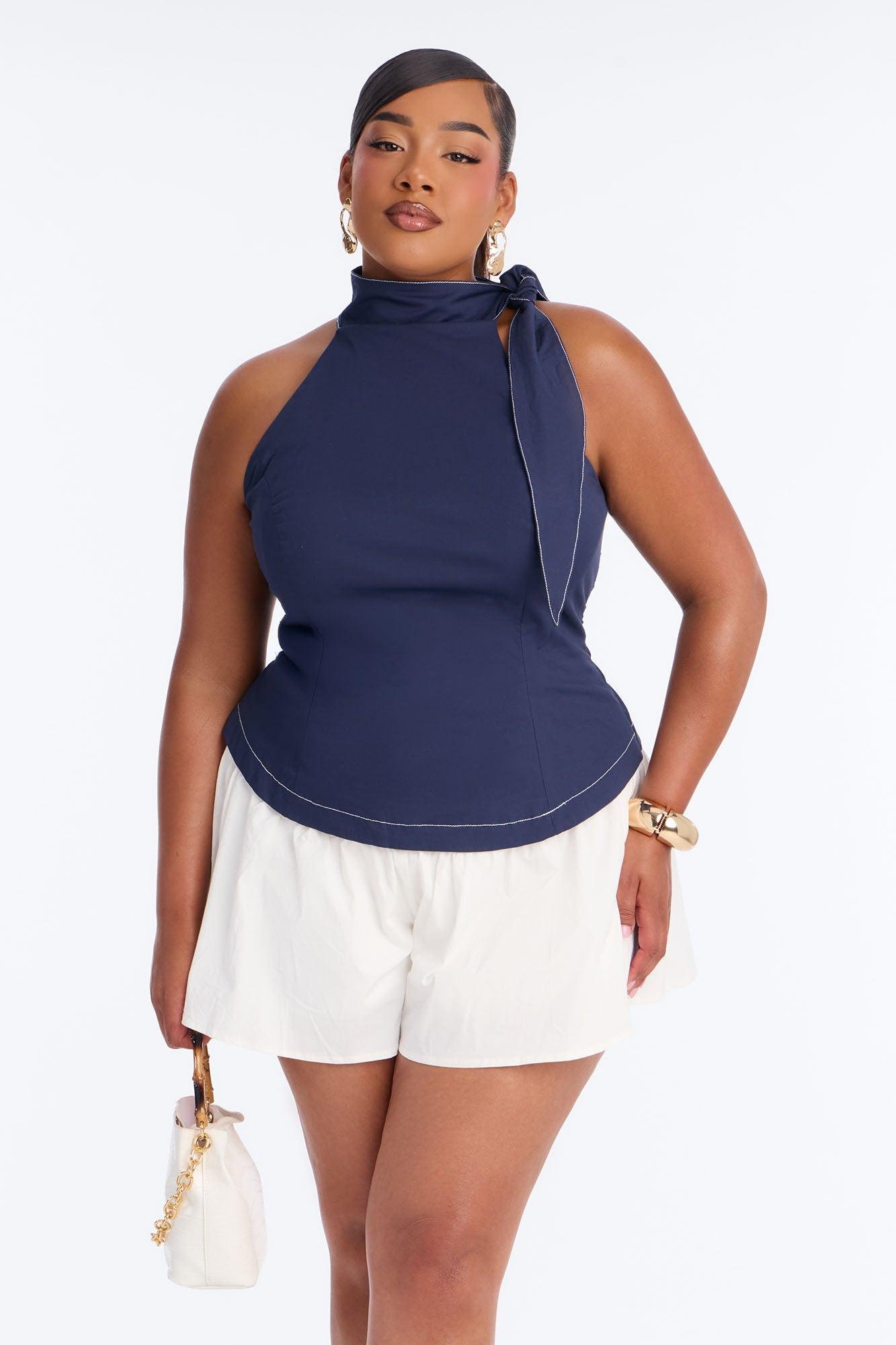 Brunch Date Micro High Neck Romper - Navy Female Product Image