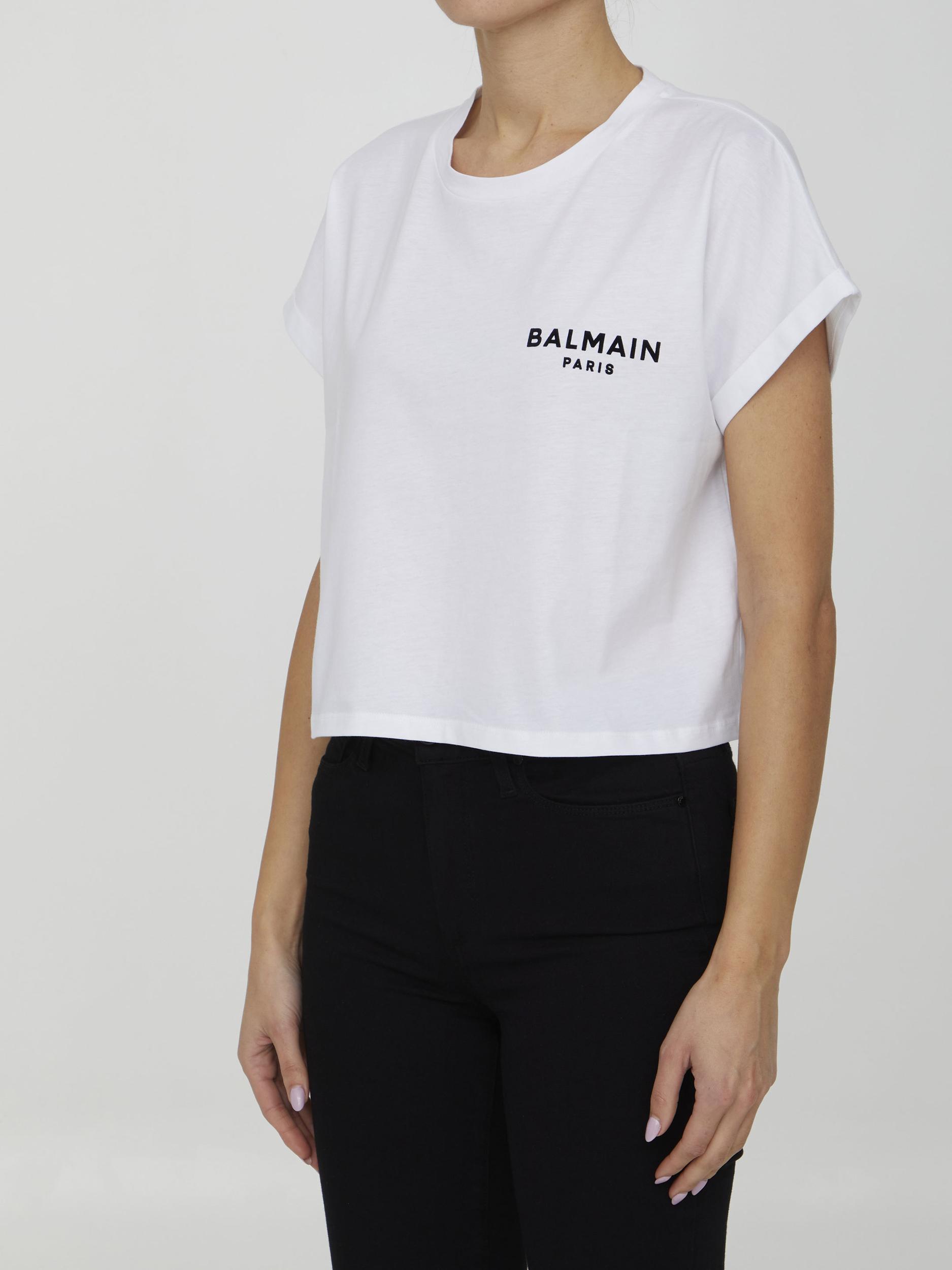 BALMAIN Cropped Flocked Cotton-jersey T-shirt In White Silver Product Image