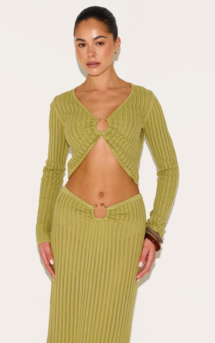 Olive Pointelle Knit Trim Detail Long Sleeve Top Product Image