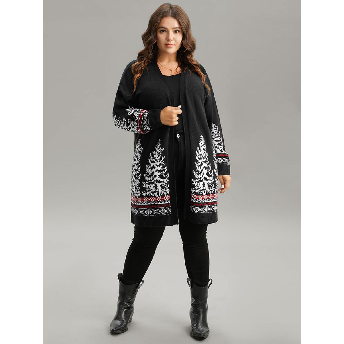 Plus Size Christmas Trees Contrast Cardigan Black Women Casual Loose Long Sleeve Festival-Christmas Cardigans BloomChic 14-16/1X Product Image