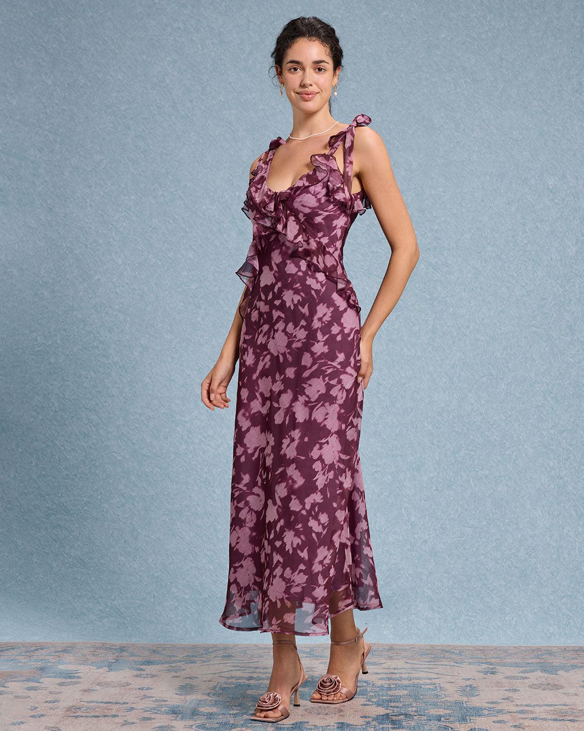 Purple Floral Ruffle Tie Strap Maxi Dress Product Image