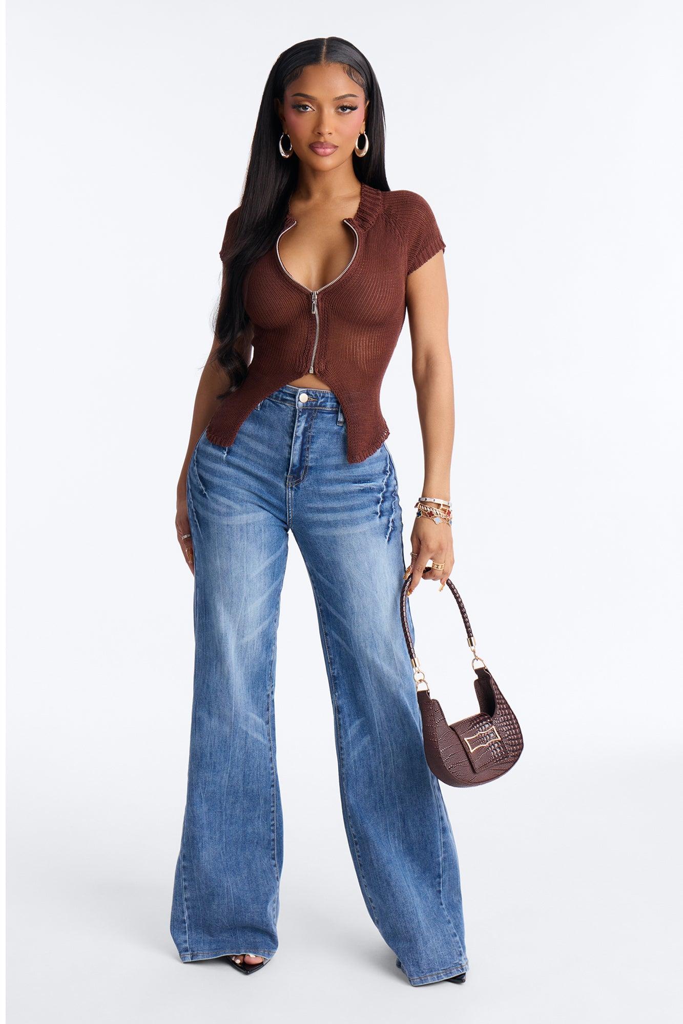 Movie Stars Front Zip CrochetTop - Chocolate Female Product Image