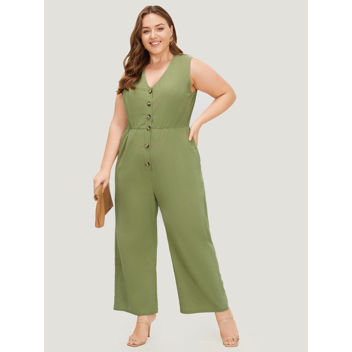 Plus Size Sage Plain Pocket Button Through Tank Jumpsuit Women Office Sleeveless V-neck Office Loose Jumpsuits BloomChic 22-24/3X Product Image