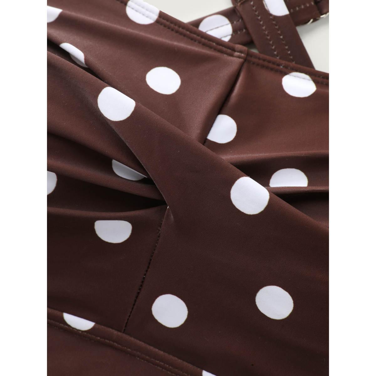 Plus Size Twist-Front Polka Dots Swim Dress Women's Swimwear DarkBrown Resort Bodycon Square Neck High stretch Curve Swim Dresses BloomChic 14-16/1X Product Image