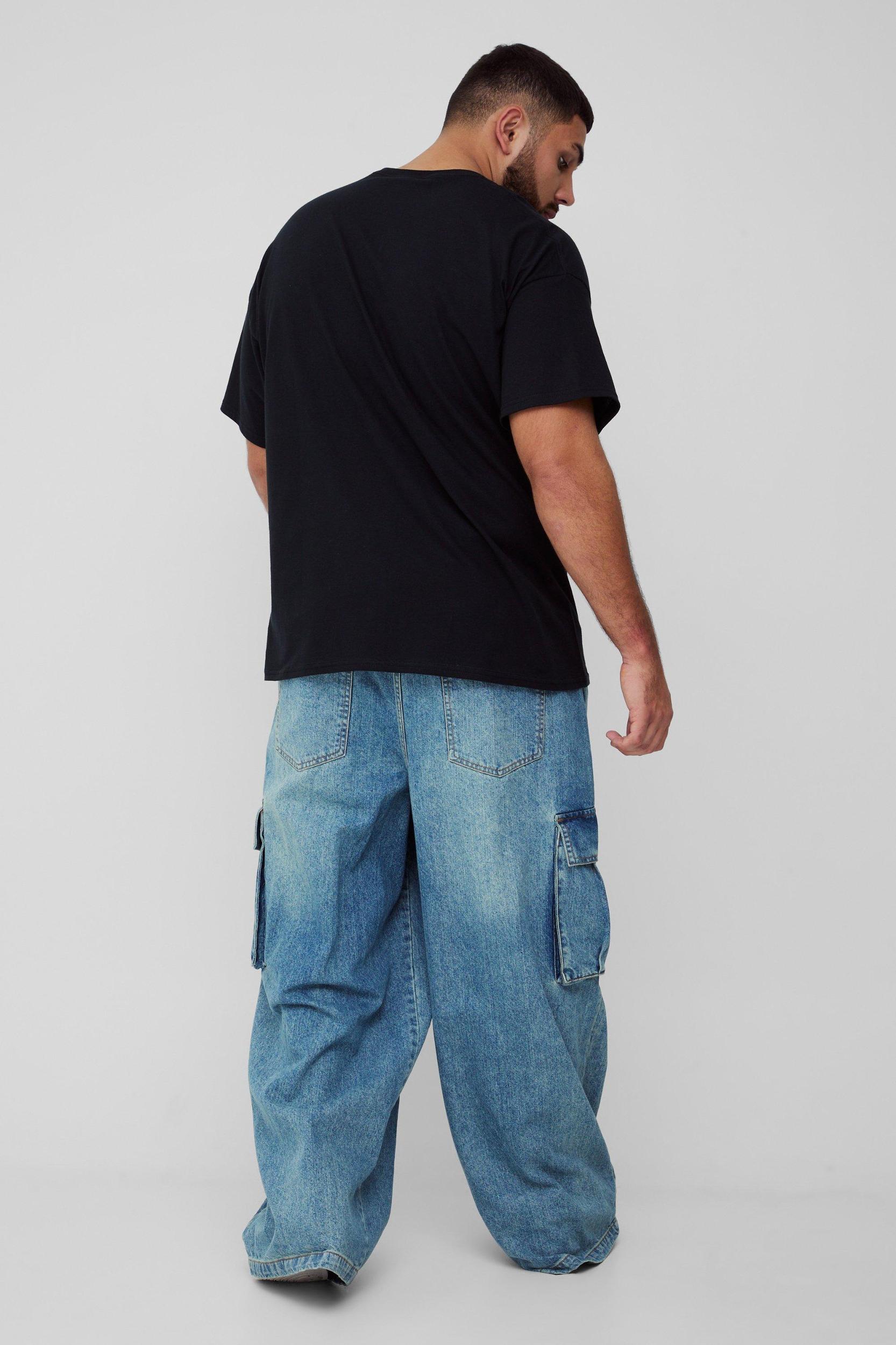 Plus Denim Cargo Parachute Jeans with Pleat Waist Detail | boohooMAN USA Product Image