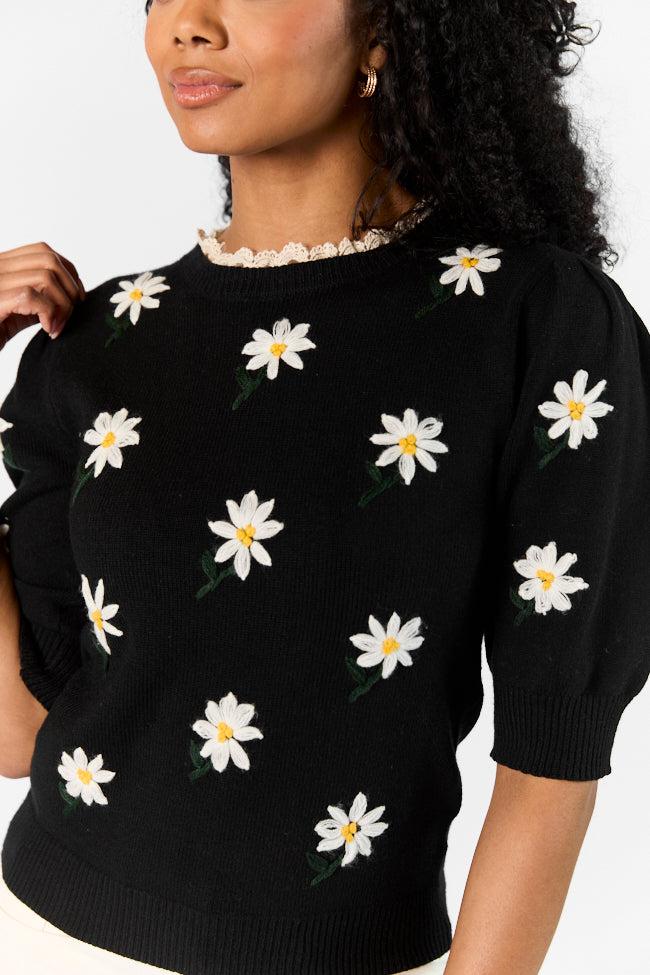 Around The Garden Black Floral Embroidered Lace Trim Short Sleeve Sweater FINAL SALE Product Image