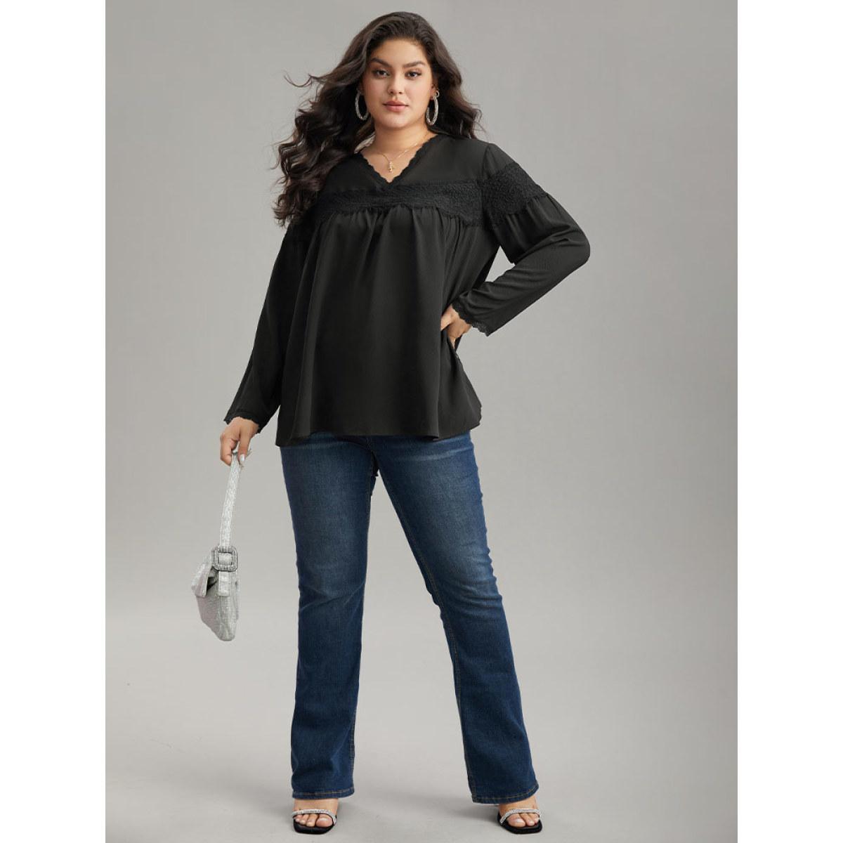 Plus Size Black V Neck Lace Panel Gathered Blouse Women Glamour Long Sleeve V-neck Going out Blouses BloomChic 28/5X Product Image