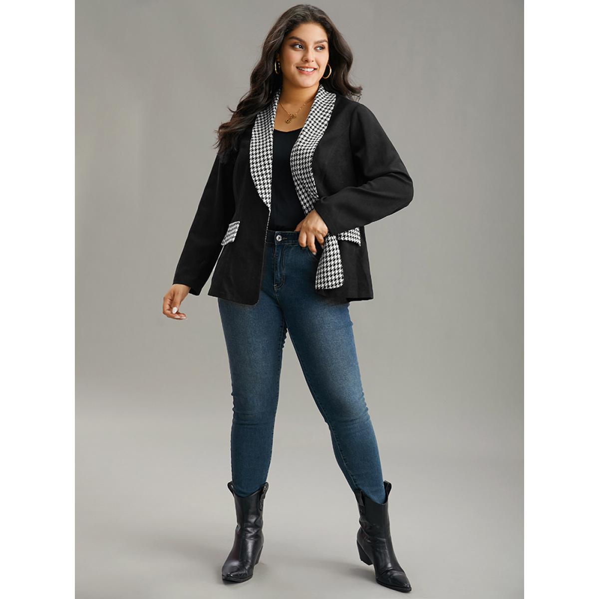 Plus Size Houndstooth Patchwork Contrast Twill Lapel Collar Blazer Black Women Dailywear Houndstooth Contrast Sleeve Long Sleeve Lapel Collar 12/L Casual Blazers BloomChic Product Image