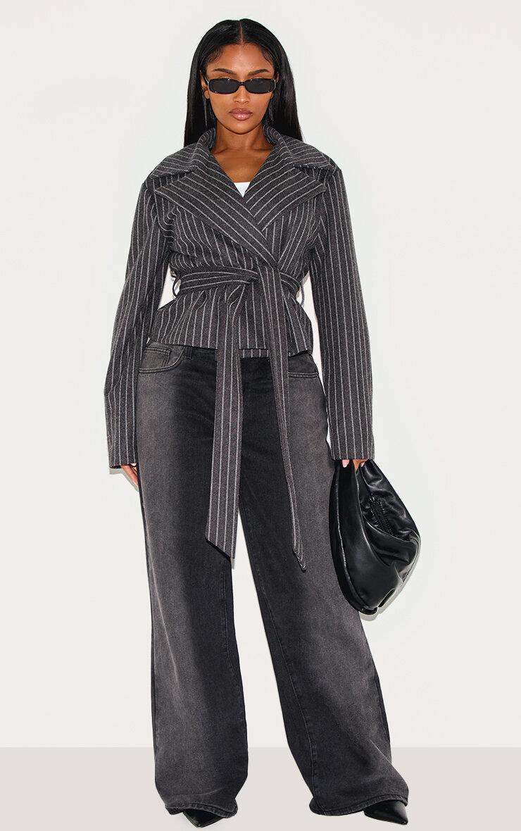 Shape Grey Wool Look Pinstripe Belted Jacket Product Image