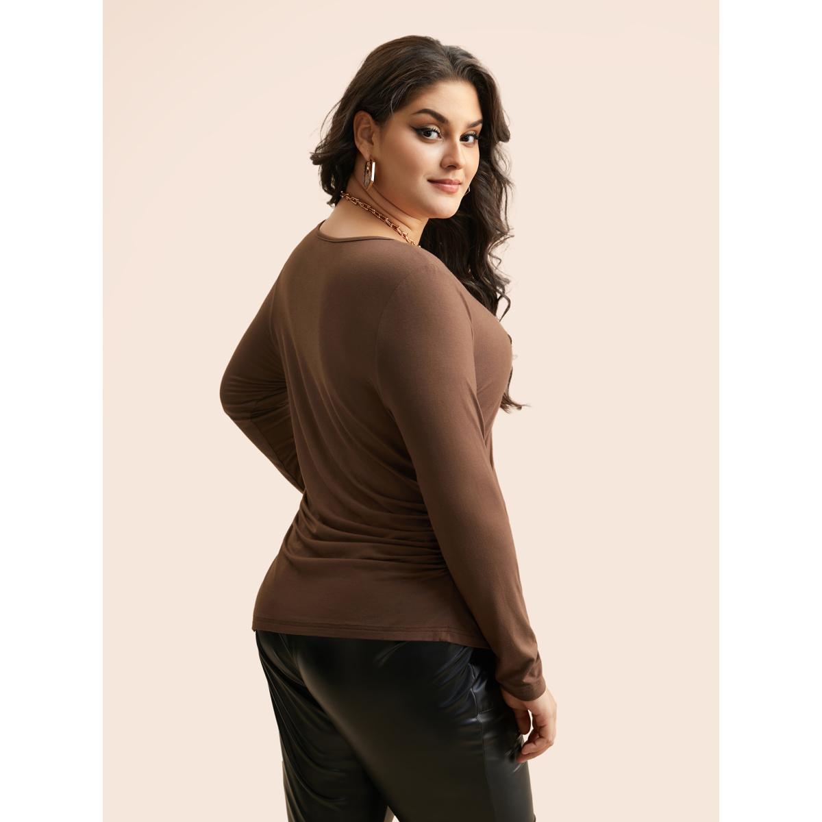 Plus Size V Neck Gathered Asymmetrical Hem T-shirt Browncoffeecolor Women Elegant Gathered V-neck Skinny Everyday T-shirts BloomChic 10/M Product Image