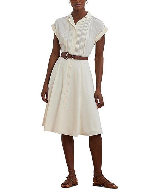 Lauren Ralph Lauren Crepe Camp Collar Neck Short Sleeve Belted Shirt Knee Length Dress Product Image