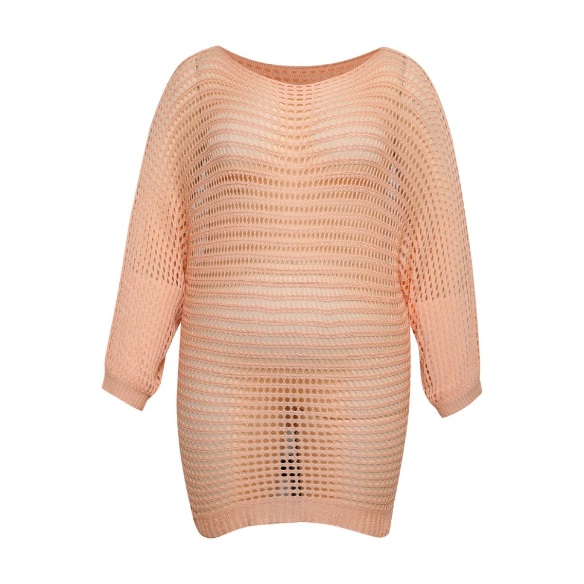 Plus Size UltraCool Solid Hollow Out Batwing Sleeve Pullover Salmon Women Casual Loose Long Sleeve Round Neck Everyday Pullovers BloomChic 28/5X Product Image