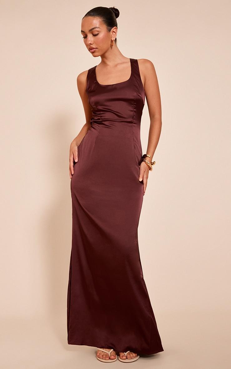 Chocolate Satin Cross Back Midaxi Dress Product Image